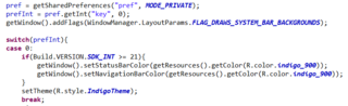 ソースコード内でsetStatusBarColorとsetNavigationBarColorを使用するため、getWindow().addFlags(WindowManager.LayoutParams.FLAG_DRAWS_SYSTEM_BAR_BACKGROUNDS);を記述